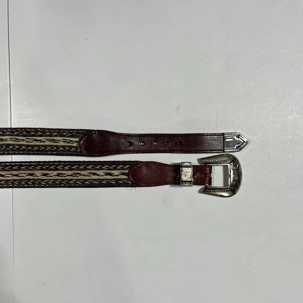 VTG Western Horsehair Inlay Leather Belt Brown Silver Engraved Buckle Mens 34